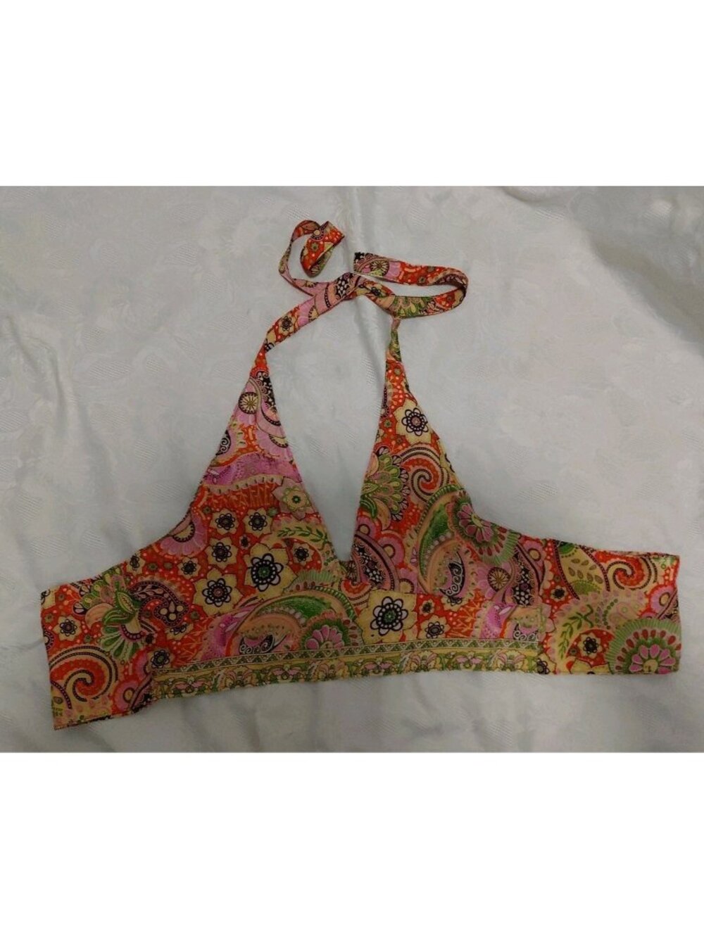 Vintage Hippie Halter Top Silk Paisley Flowers Green Orange Yellow Med/Large